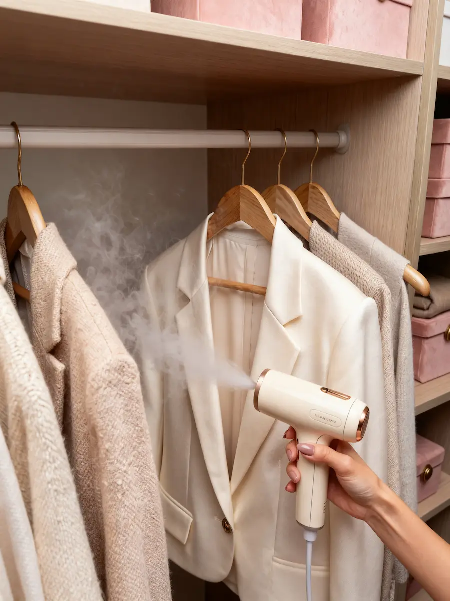 Close-up of a hand using a sleek, modern white garment steamer with gold accents to remove wrinkles from a beige blazer in a well-organized closet.