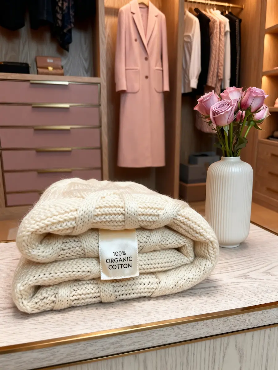 Folded cream cable-knit sweater with a "100% Organic Cotton" label on a light wood table next to pink roses.