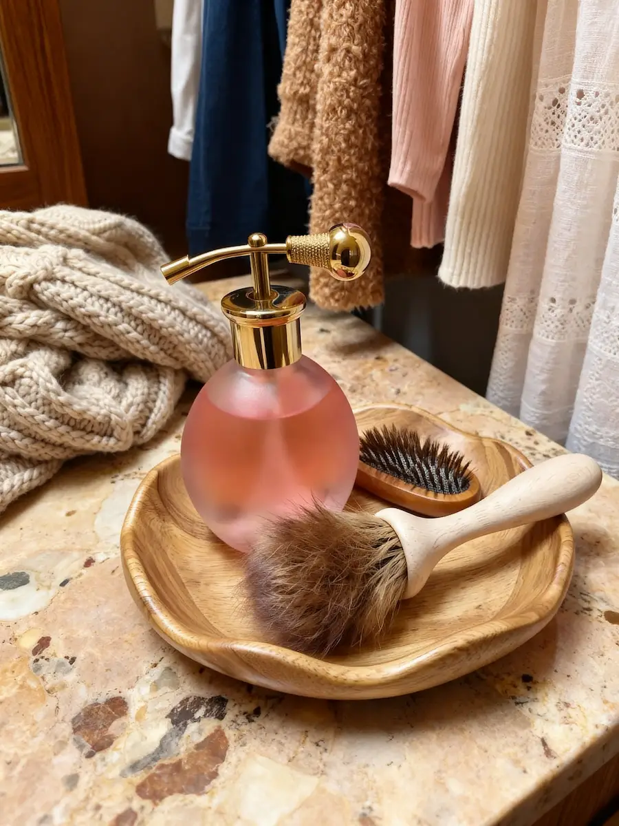 Frosted pink glass perfume atomizer with a gold pump on a wooden tray alongside a soft clothes brush in a closet.