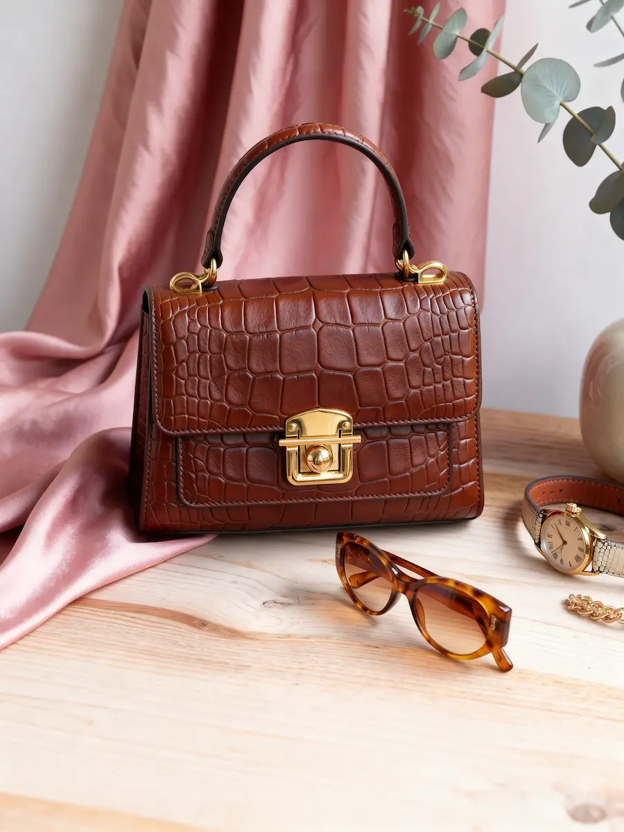 Brown croc-embossed leather handbag with gold hardware displayed on a wooden table with tortoiseshell sunglasses and a gold watch.