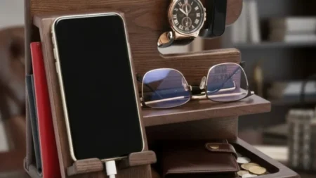 Dark walnut wooden phone docking station on a desk holding a smartphone, analog watch, glasses, and wallet.