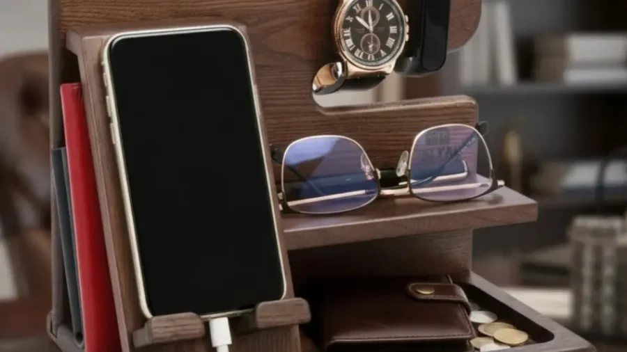 The Ultimate Stylish Wood Docking Station: A Perfect Gift Dark walnut wooden phone docking station on a desk holding a smartphone, analog watch, glasses, and wallet.