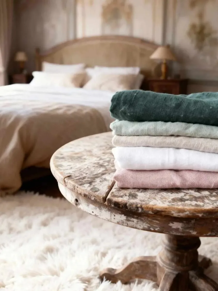 Stack of colorful linens on a rustic wood table in a cozy bedroom—a practical luxury gift idea.