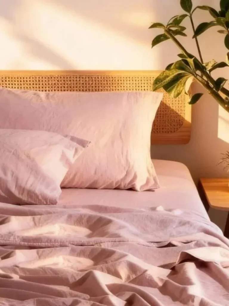 Cozy nightstand and bed with pink French linen sheets—an organized bedroom gift idea.