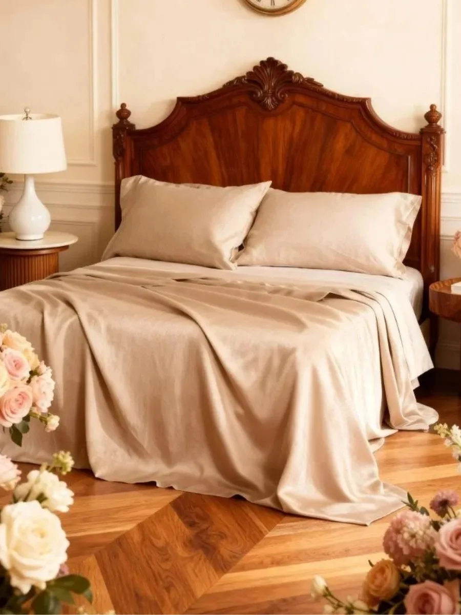 Luxury wood headboard with beige French linen sheets in a master bedroom—a practical luxury gift guide.