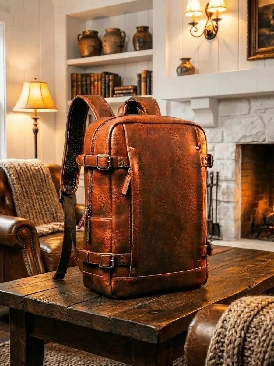 Brown full-grain leather laptop backpack with adjustable buckle straps and a vintage finish, displayed on a rustic wooden table.