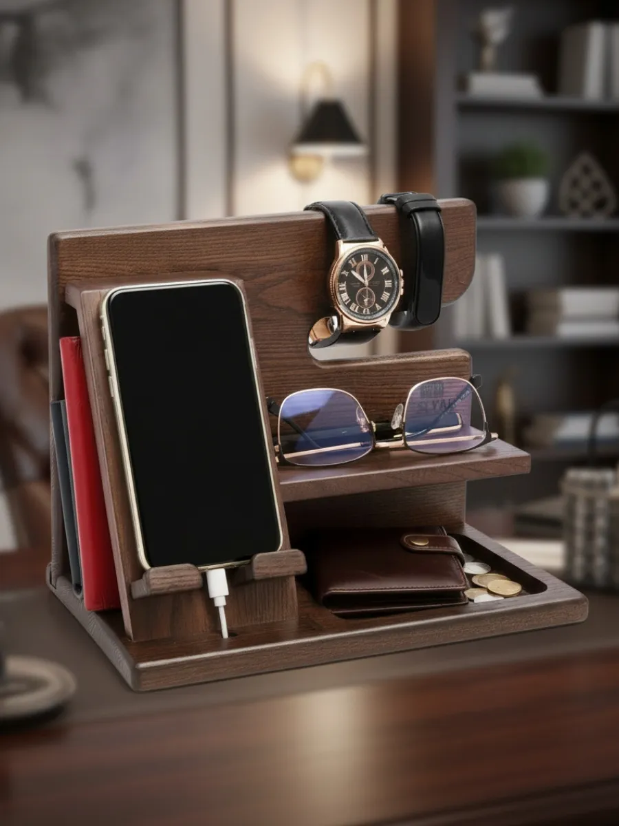 The Ultimate Stylish Wood Docking Station: A Perfect Gift Dark wood phone docking station and nightstand organizer holding a charging smartphone, watches, glasses, and a wallet.