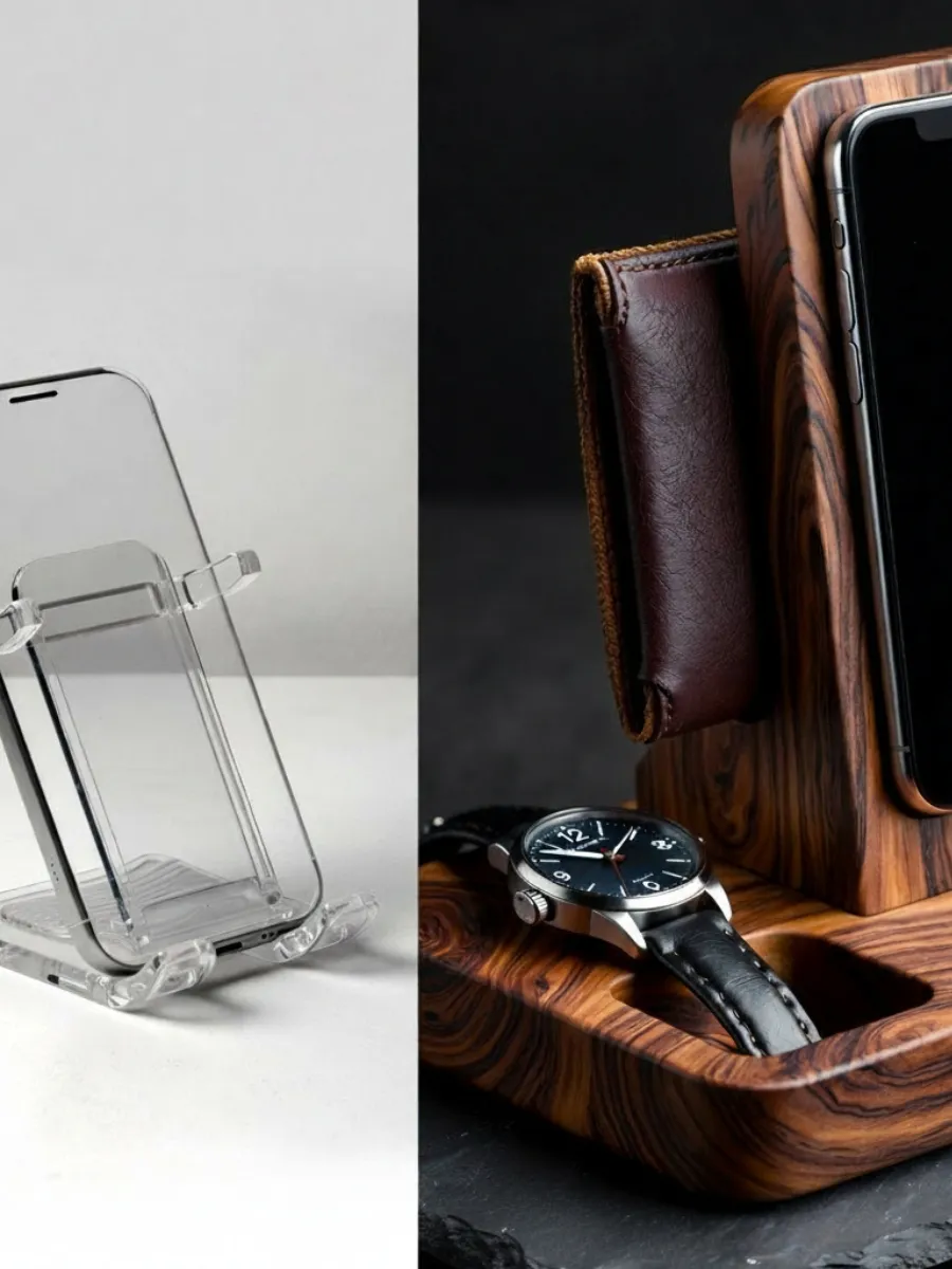 The Ultimate Stylish Wood Docking Station: A Perfect Gift A side-by-side view showing a minimalist clear plastic phone holder and a multi-functional wooden nightstand organizer with a watch and leather wallet.