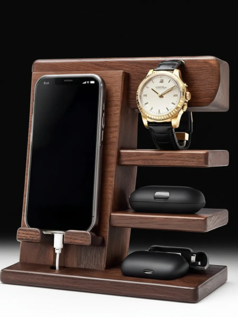The Ultimate Stylish Wood Docking Station: A Perfect Gift Dark wood desk organizer holding a smartphone, a gold watch, and two sets of wireless earbud cases on tiered wooden shelves.