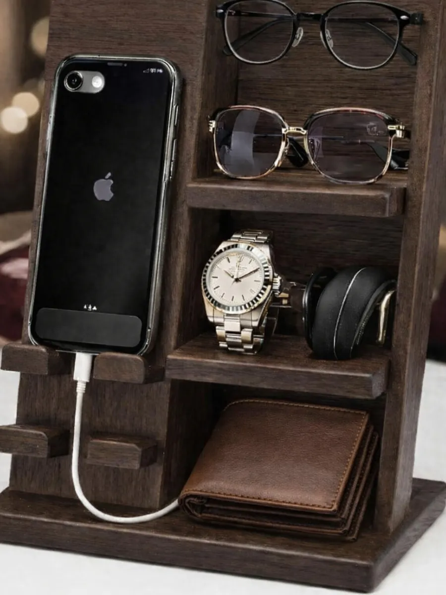 The Ultimate Stylish Wood Docking Station: A Perfect Gift Dark wood bedside docking station and nightstand organizer holding a charging smartphone, two pairs of glasses, a silver watch, and a brown leather wallet.