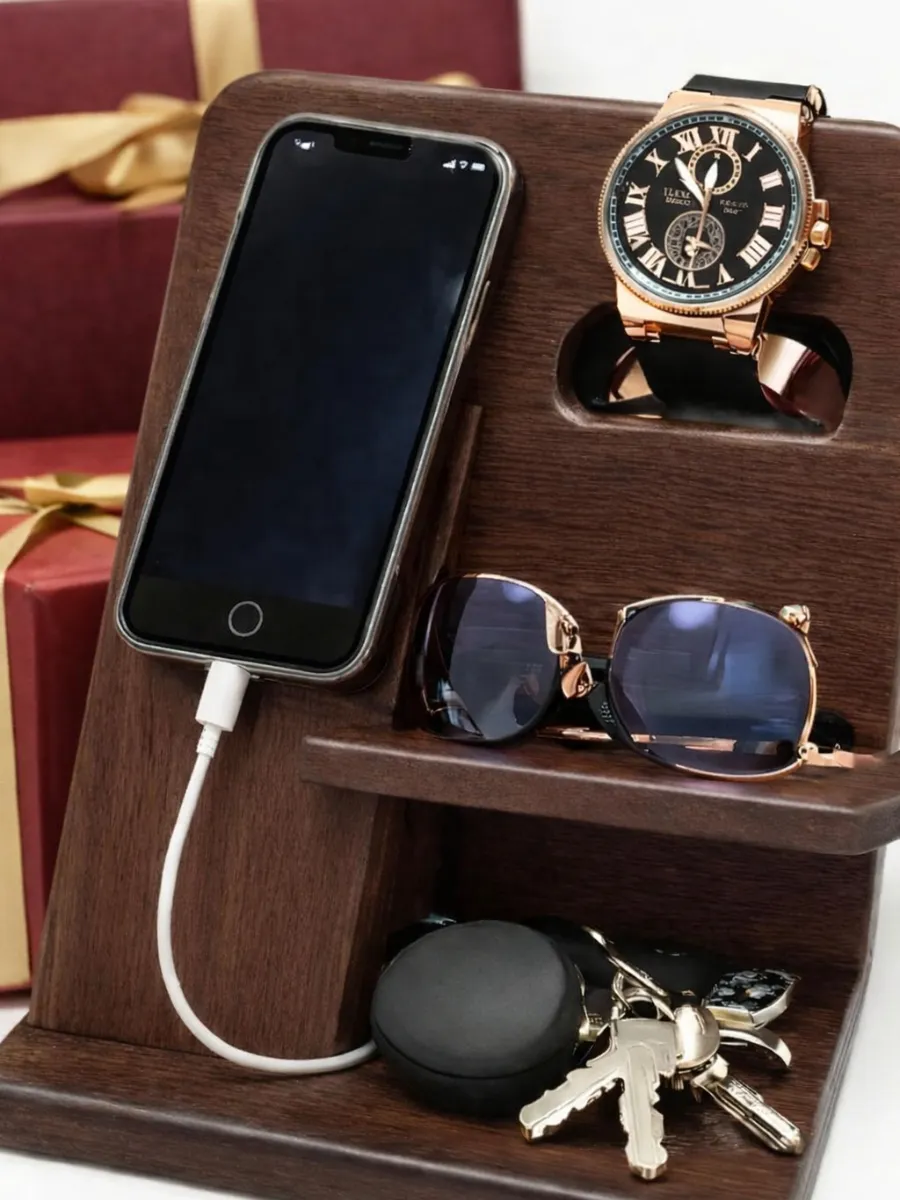 The Ultimate Stylish Wood Docking Station: A Perfect Gift Dark wood bedside docking station and nightstand organizer holding a charging smartphone, a gold watch, oversized butterfly sunglasses, and car keys.
