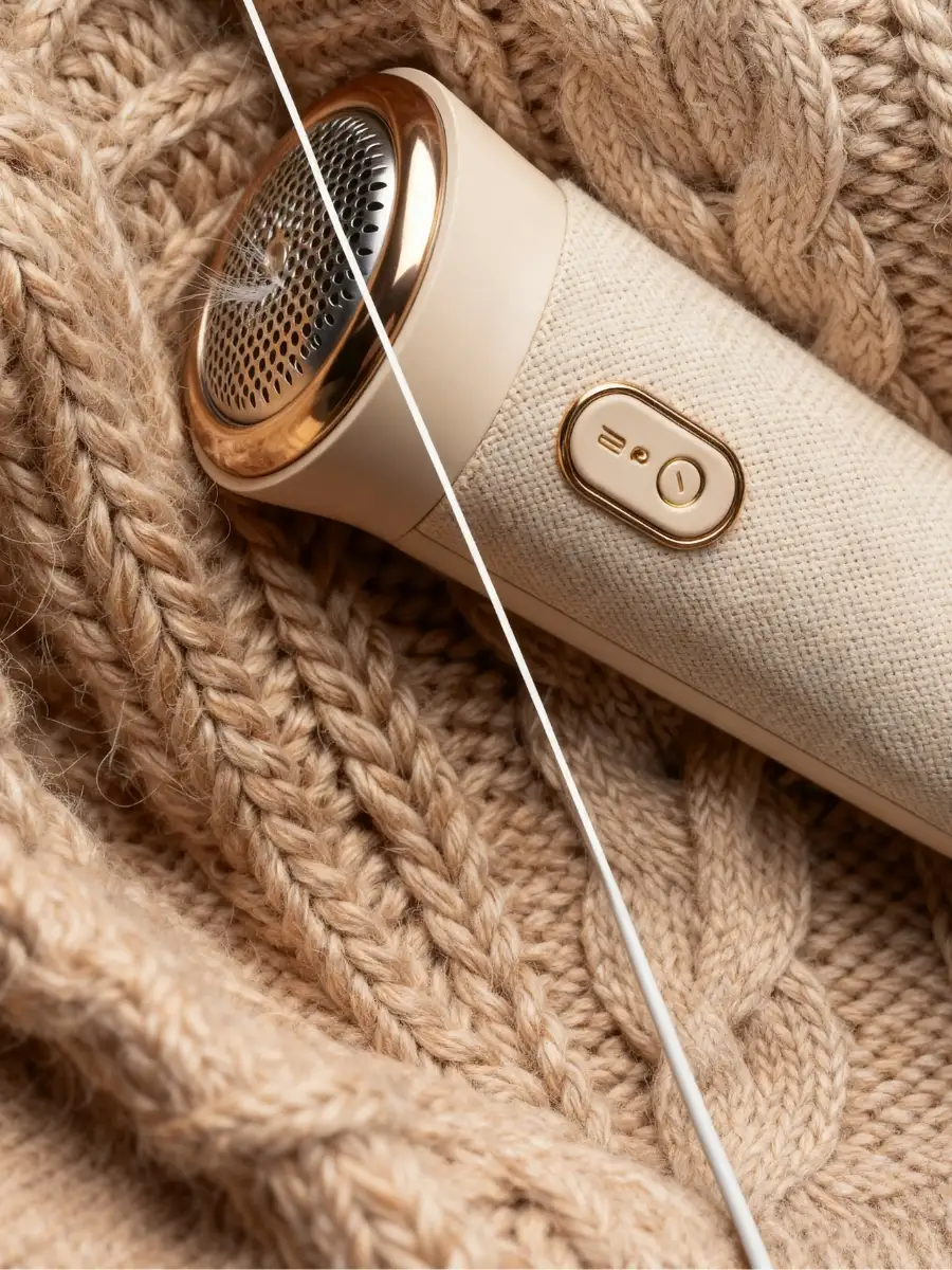 Using a modern handheld lint remover on a delicate wool sweater, showing a clear before-and-after comparison of a pilled versus smooth surface.