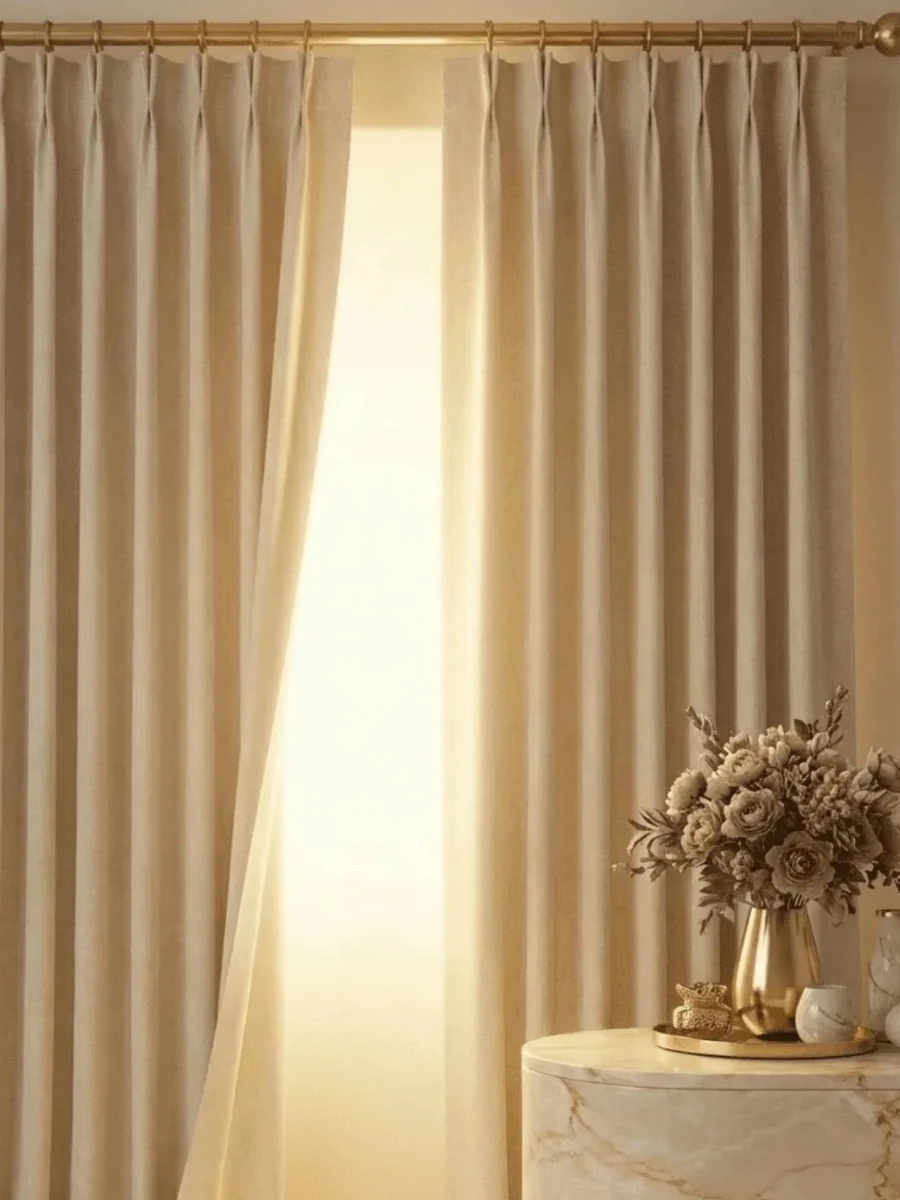 Cream French linen curtains on a gold rod near a marble table—a practical luxury gift idea.