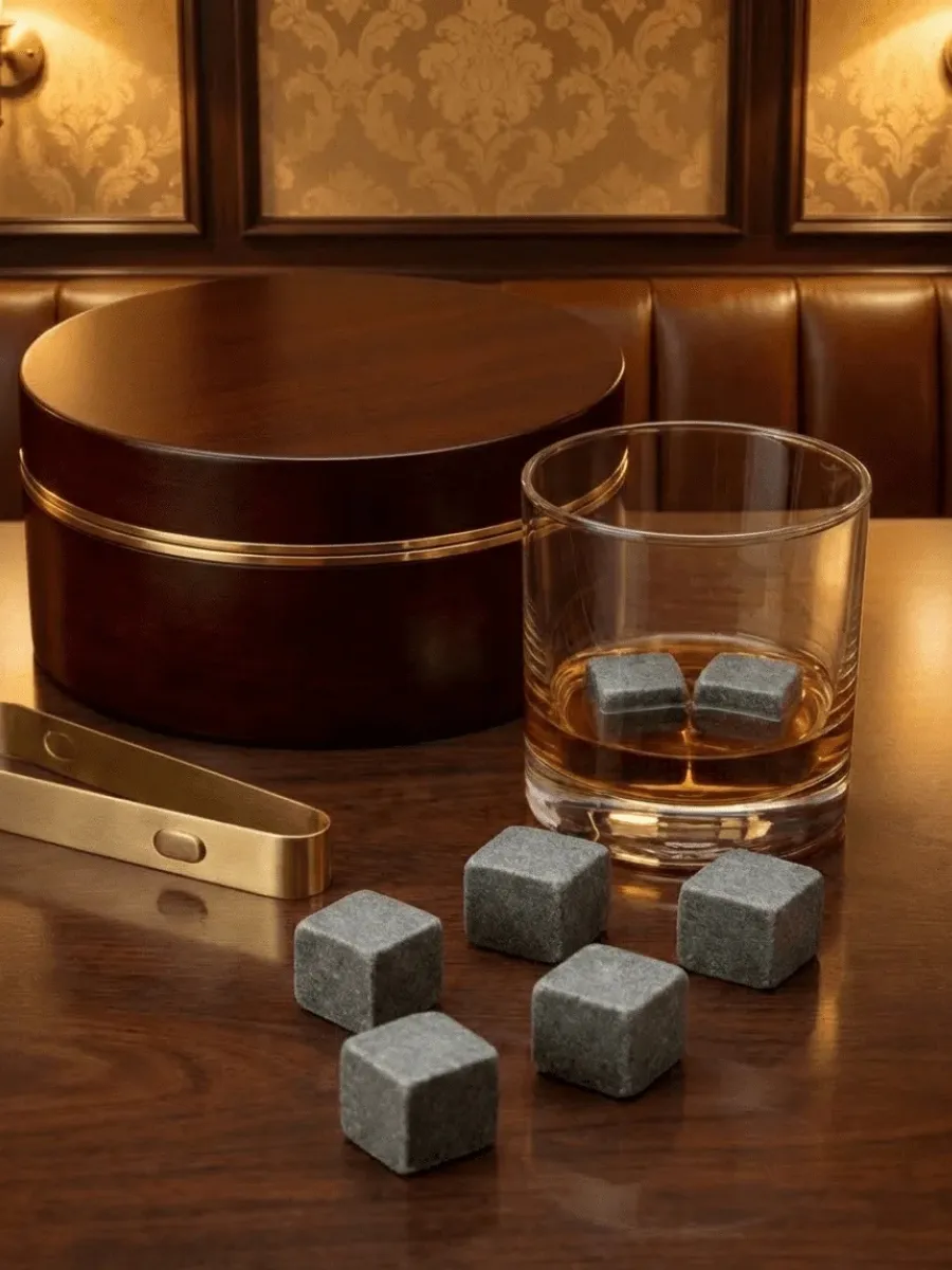 Set of six grey granite whiskey stones on a dark wood table next to a glass of bourbon and a circular wooden storage case.
