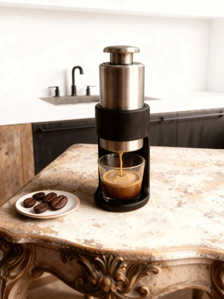 Manual Aram espresso maker extracting a rich espresso shot with crema into a glass cup on a vintage marble table with coffee beans.2026 luxury gift guide.