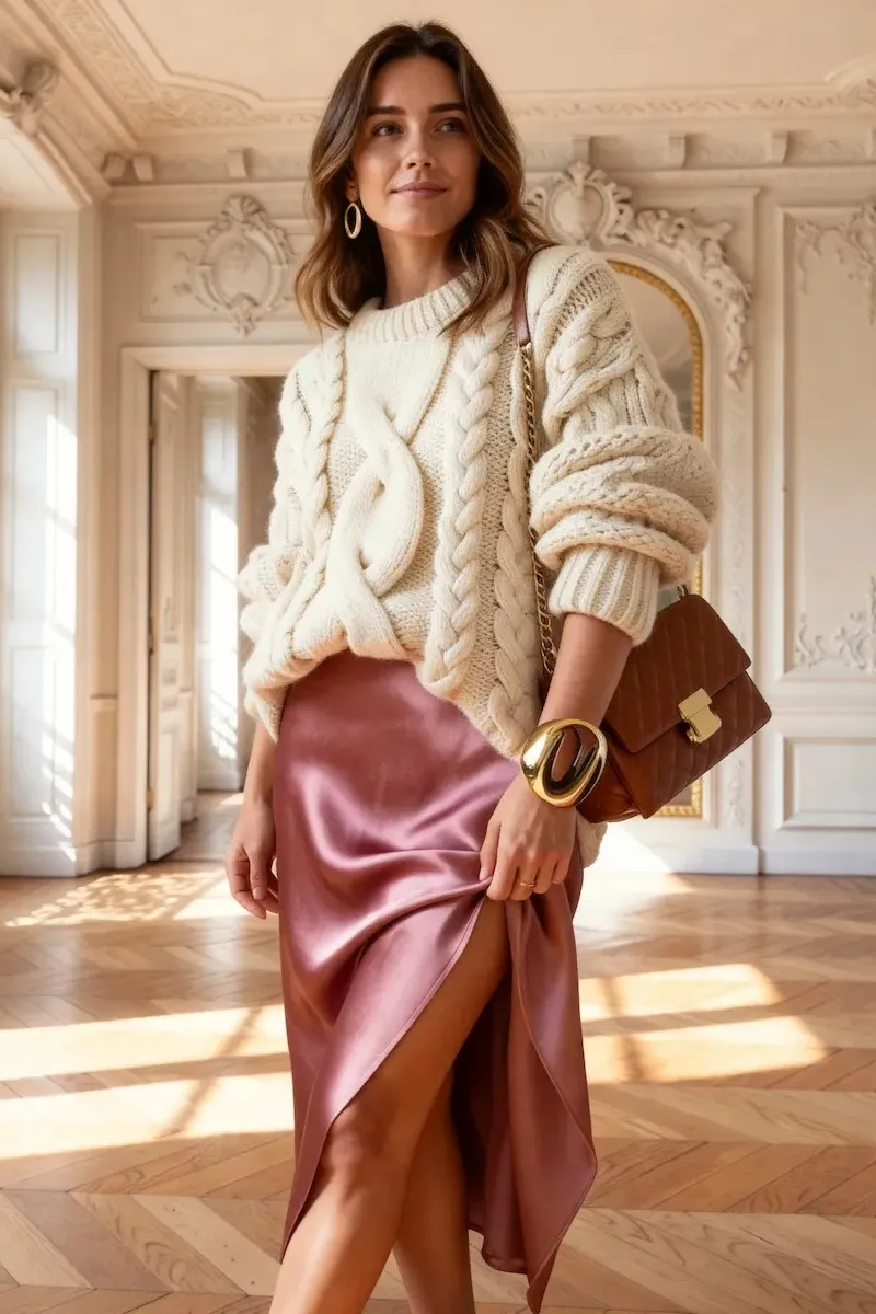 Woman in a cream cable knit sweater and pink satin midi skirt posing in a bright room with ornate wall moldings.