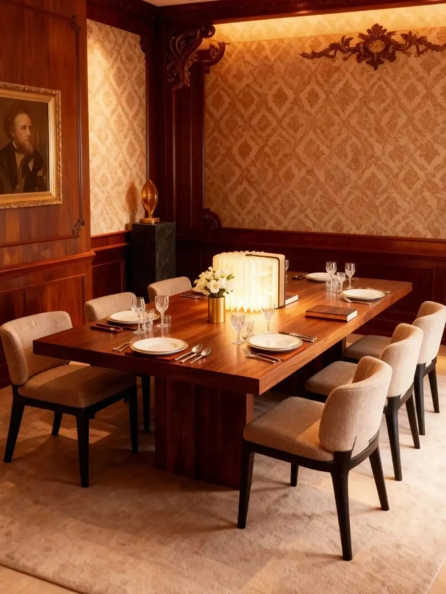 Wooden Book Lamp Review: Affordable Luxury for Your Cozy Home Nook A luxury formal dining room with a glowing book lamp centerpiece on a large wooden table with beige chairs.