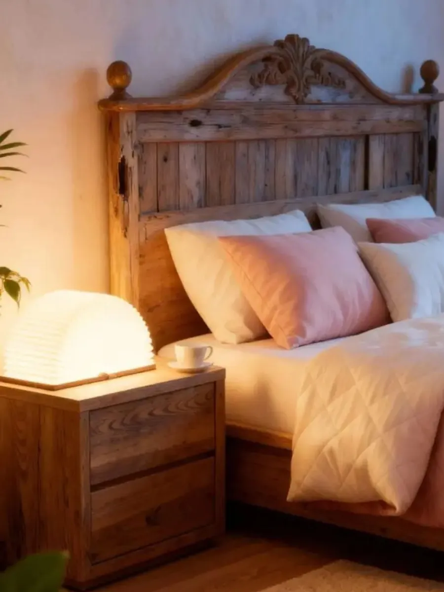Wooden Book Lamp Review: Affordable Luxury for Your Cozy Home Nook A warm glowing book lamp on a wooden nightstand in a cozy bedroom with pink pillows and a rustic carved headboard.