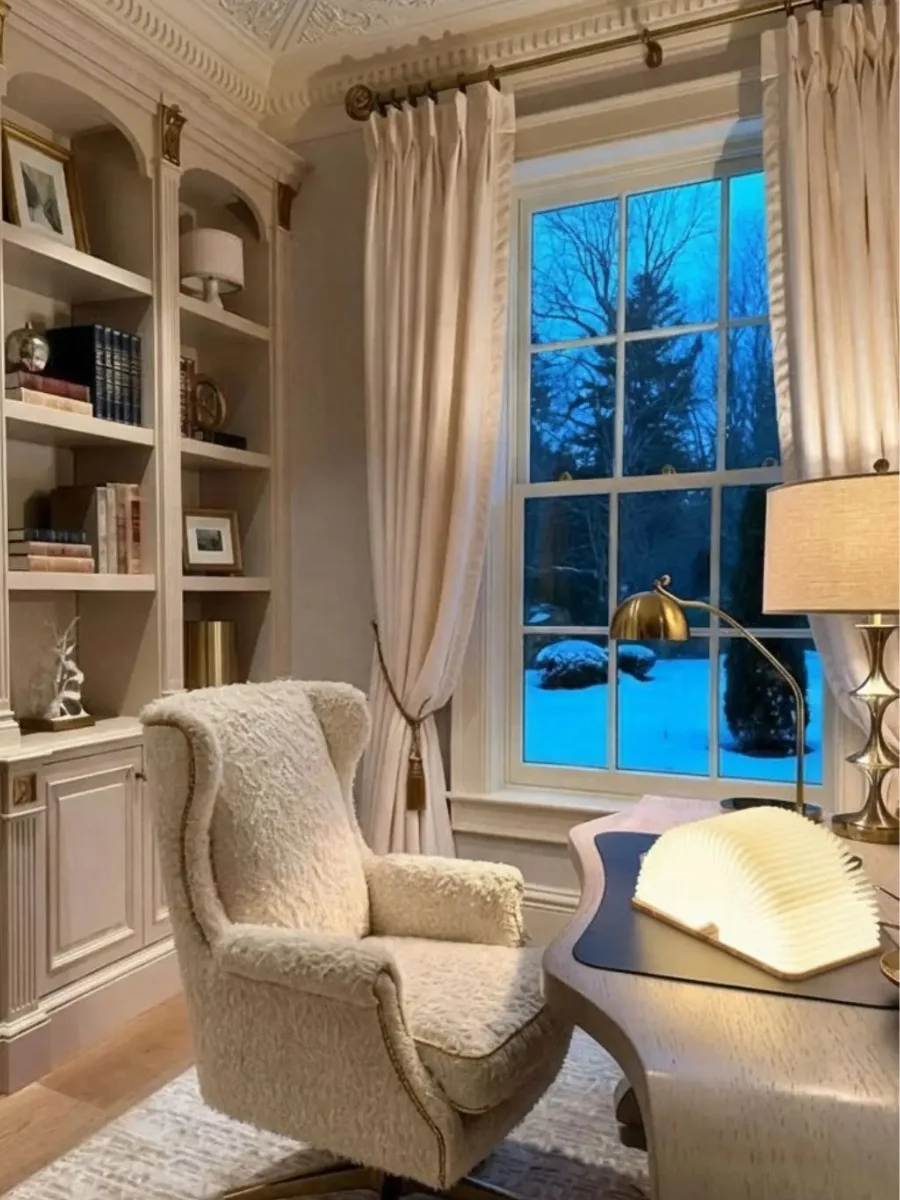 Wooden Book Lamp Review: Affordable Luxury for Your Cozy Home Nook A cozy home office with a white bouclé armchair, built-in bookshelves, and a glowing book lamp on a desk by a window.