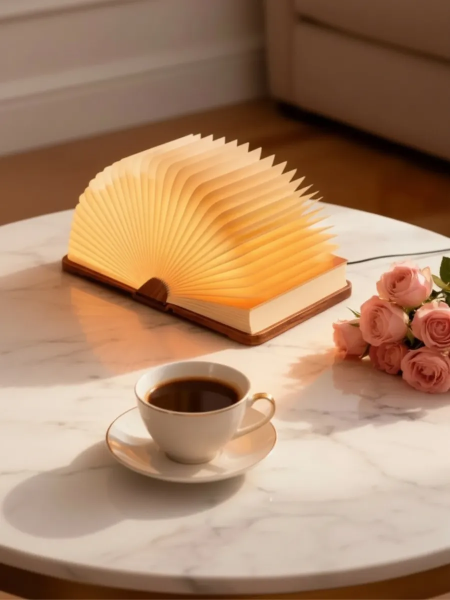 Wooden Book Lamp Review: Affordable Luxury for Your Cozy Home Nook A warm-glowing wooden book lamp fanned open on a marble table next to a cup of coffee and pink roses.