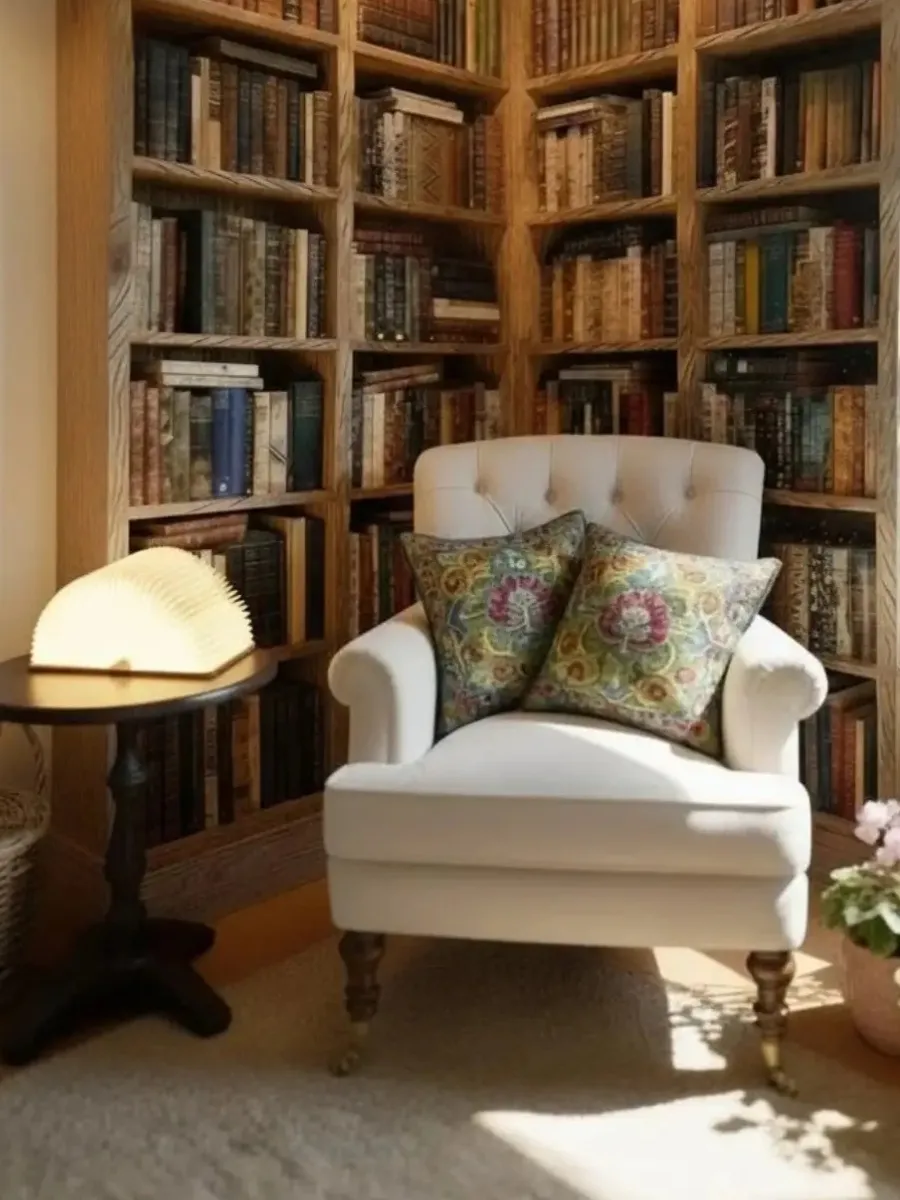 Wooden Book Lamp Review: Affordable Luxury for Your Cozy Home Nook A cozy reading nook with a white tufted armchair, floral pillows, and a glowing book lamp next to floor-to-ceiling bookshelves.