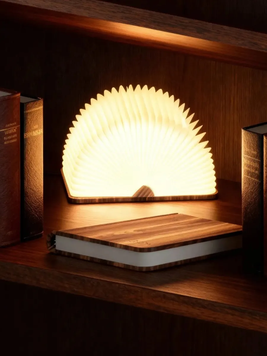 Wooden Book Lamp Review: Affordable Luxury for Your Cozy Home Nook A fanned-open Zbole wooden book lamp glowing warm light on a bookshelf next to other closed wooden books.