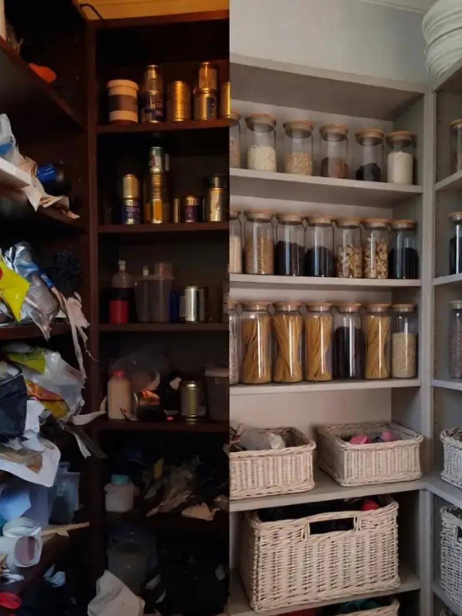 A before and after comparison of a messy dark wood pantry and a clean organized light grey pantry with uniform glass jars and woven baskets.
