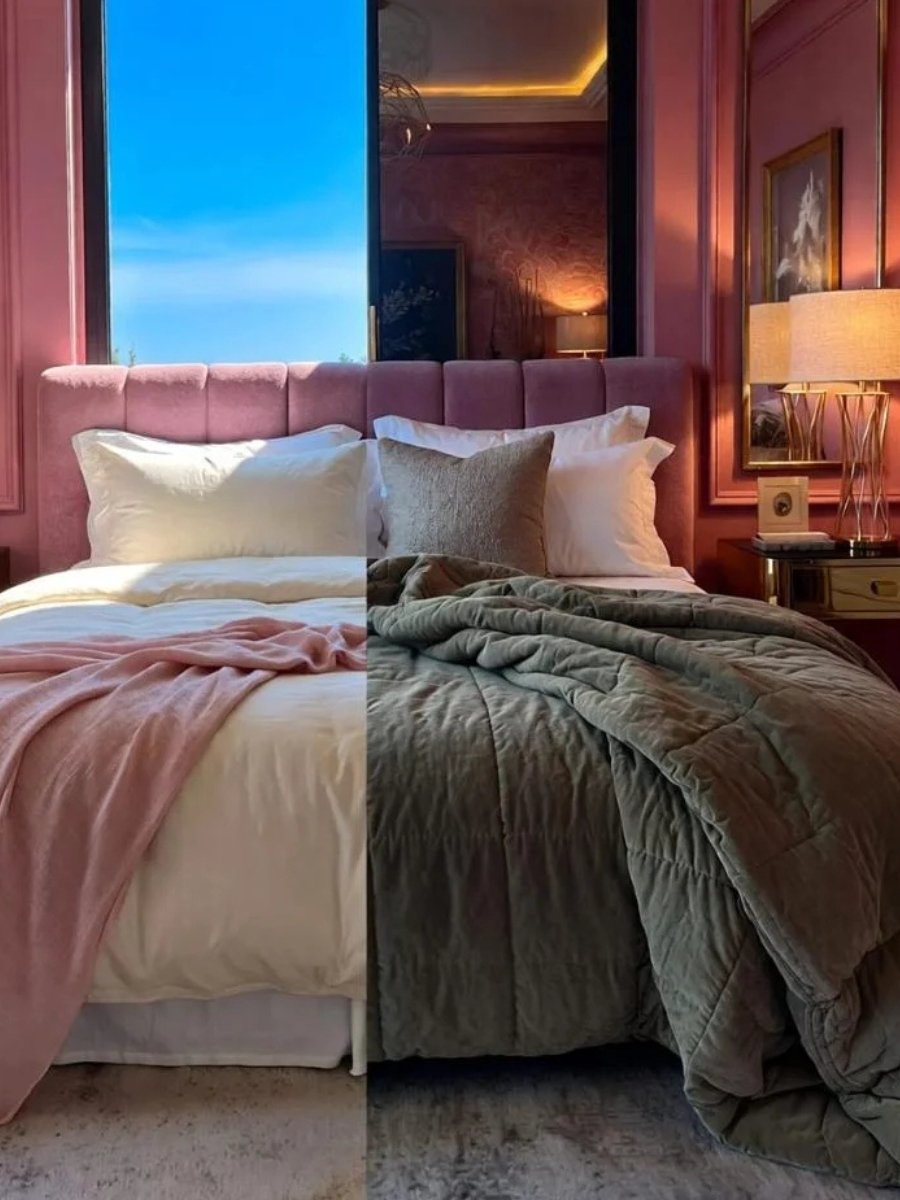 Split screen showing light summer and warm winter French linen bedding—a versatile luxury gift idea.