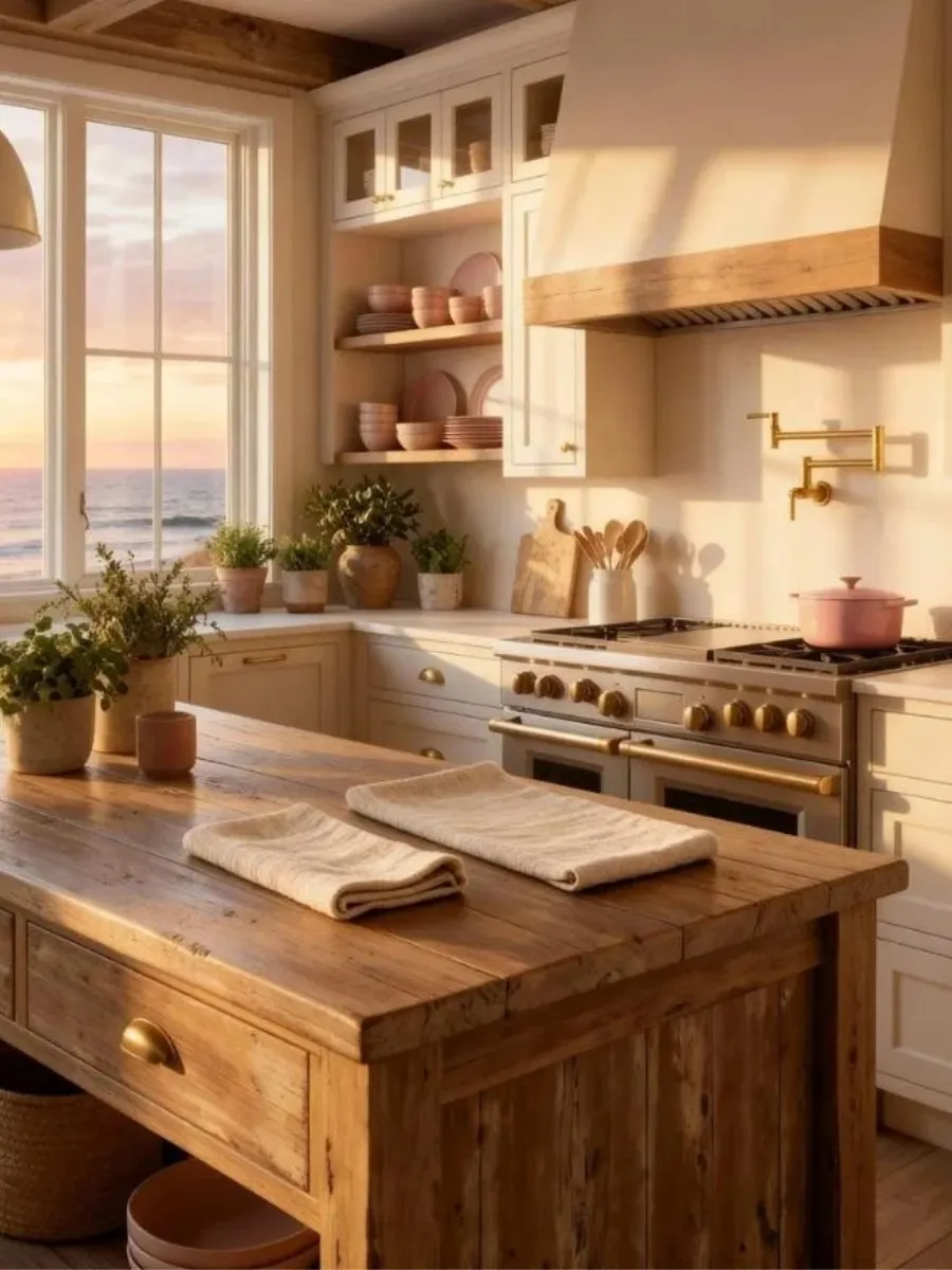 Beige French linen towels on a rustic wood kitchen island—a practical luxury gift guide.
