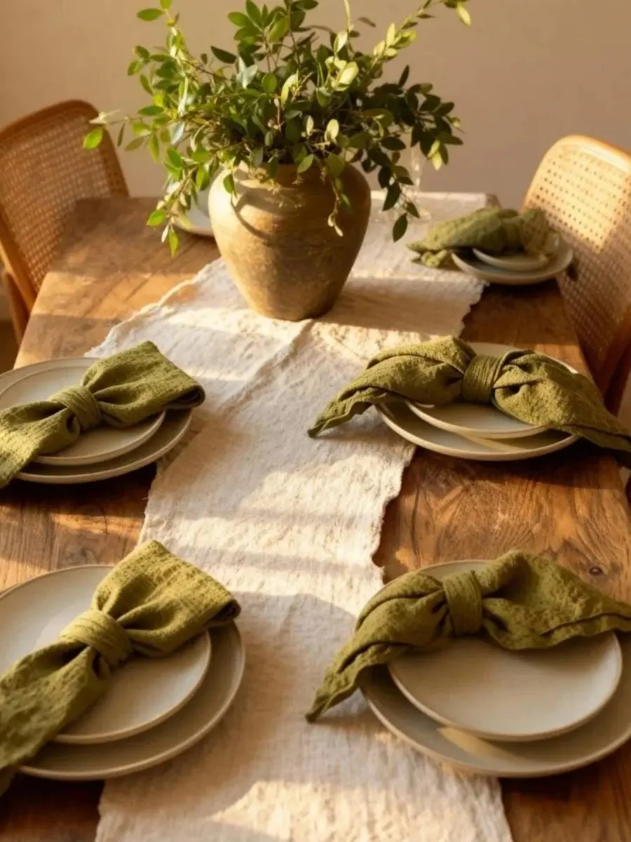 Green French linen napkins and runner on a rustic wood dining table—a practical luxury gift guide.