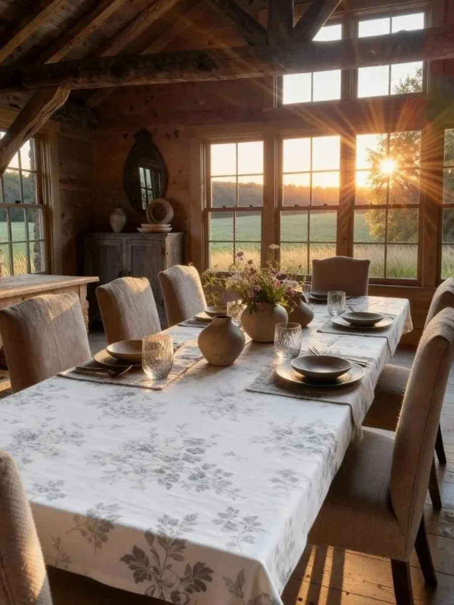 French linen floral tablecloth on a rustic wood dining table—a practical luxury gift guide.