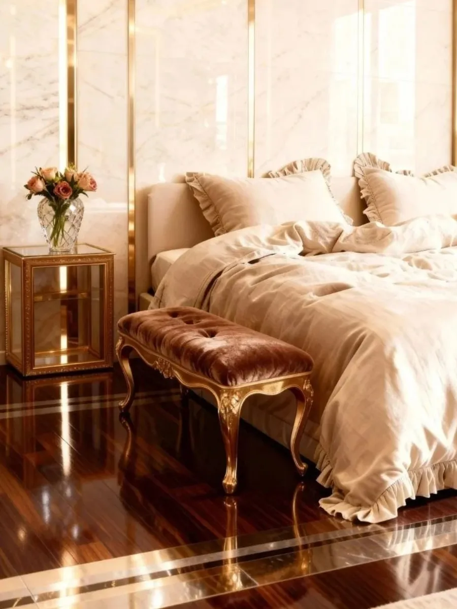 Luxury gold bed frame with ruffled French linen sheets and a velvet bench—a practical luxury gift guide.