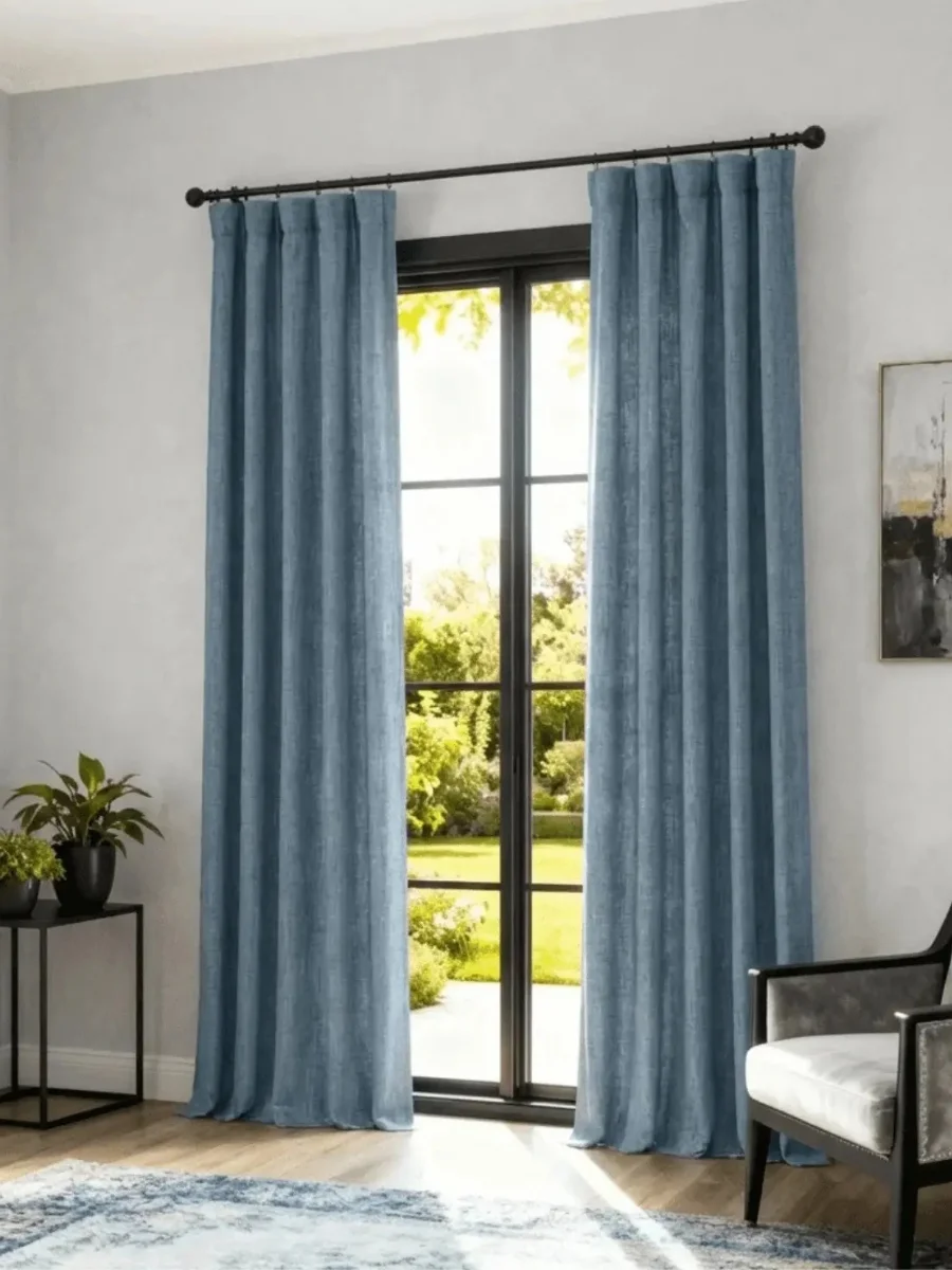 French linen blackout curtains in a dusty blue—a practical luxury gift for an organized home.
