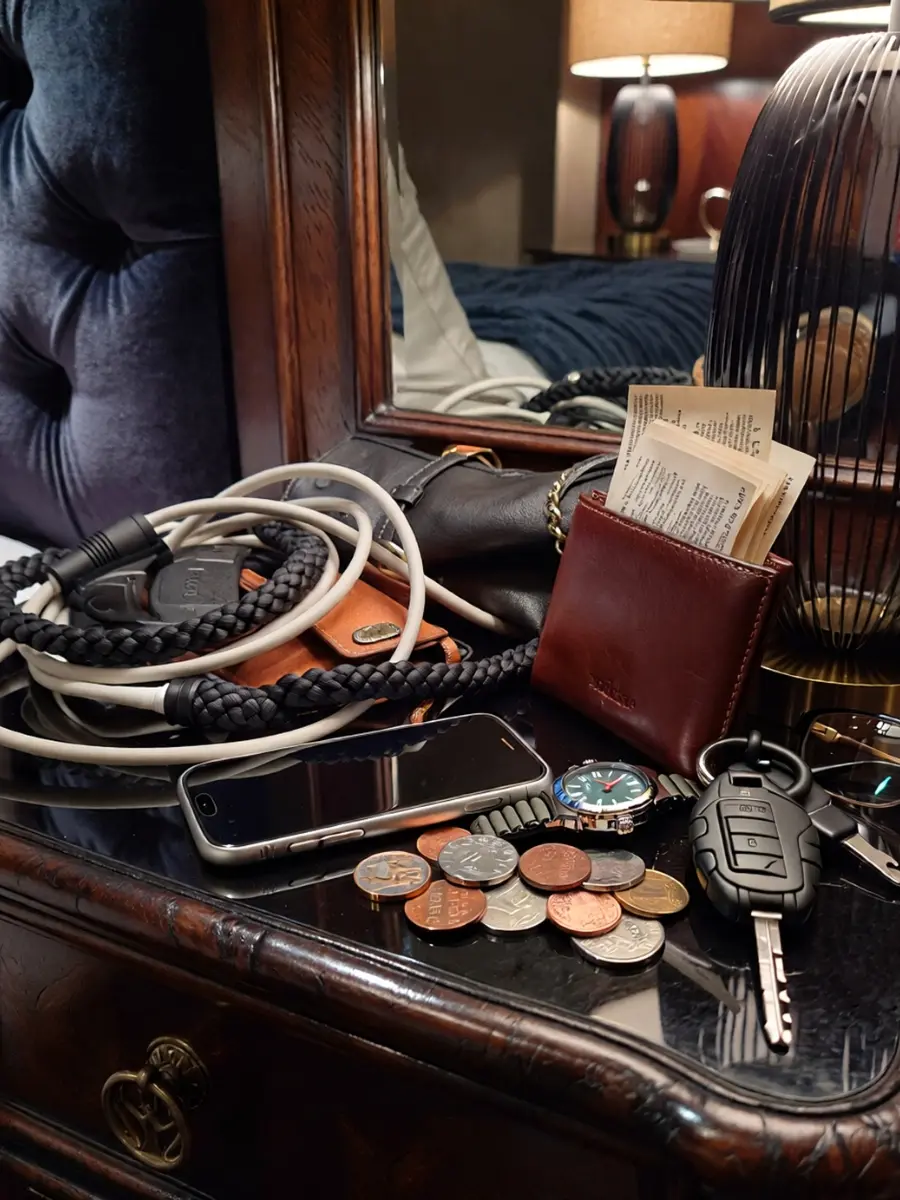 The Ultimate Stylish Wood Docking Station: A Perfect Gift Disorganized personal items like a phone, wallet, watch, and keys messy on a desk, illustrating the need for a stylish wood docking station organizer.