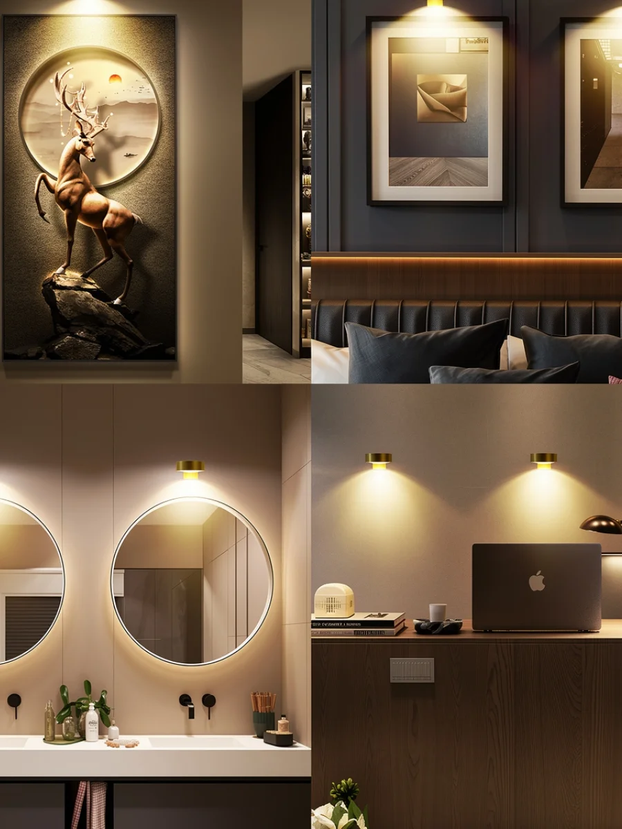 a four panel montage showcasing a small, circular antique brass led spotlight used in different home settings