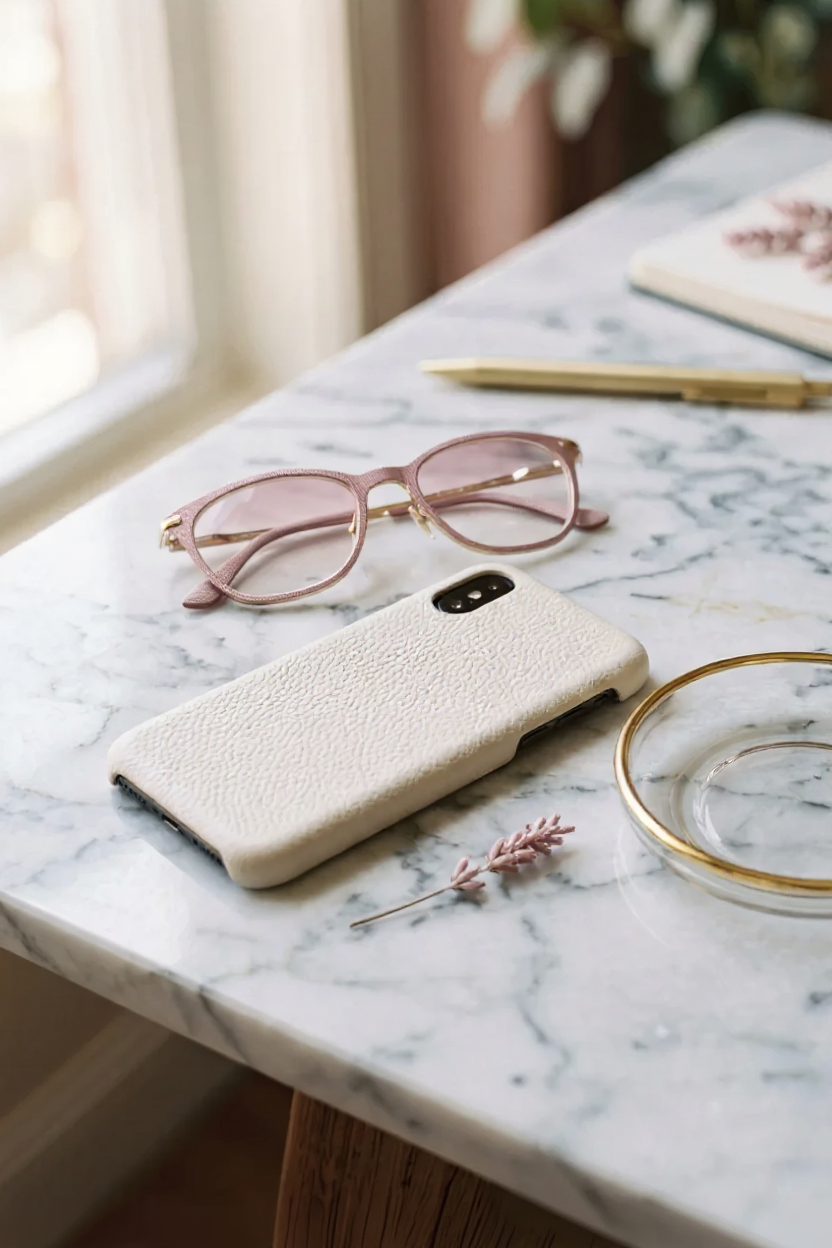 Creamy white pebbled leather phone case on a Carrara marble desk with gold accents and dusty pink glasses, representing modern digital etiquette and a sophisticated lifestyle.