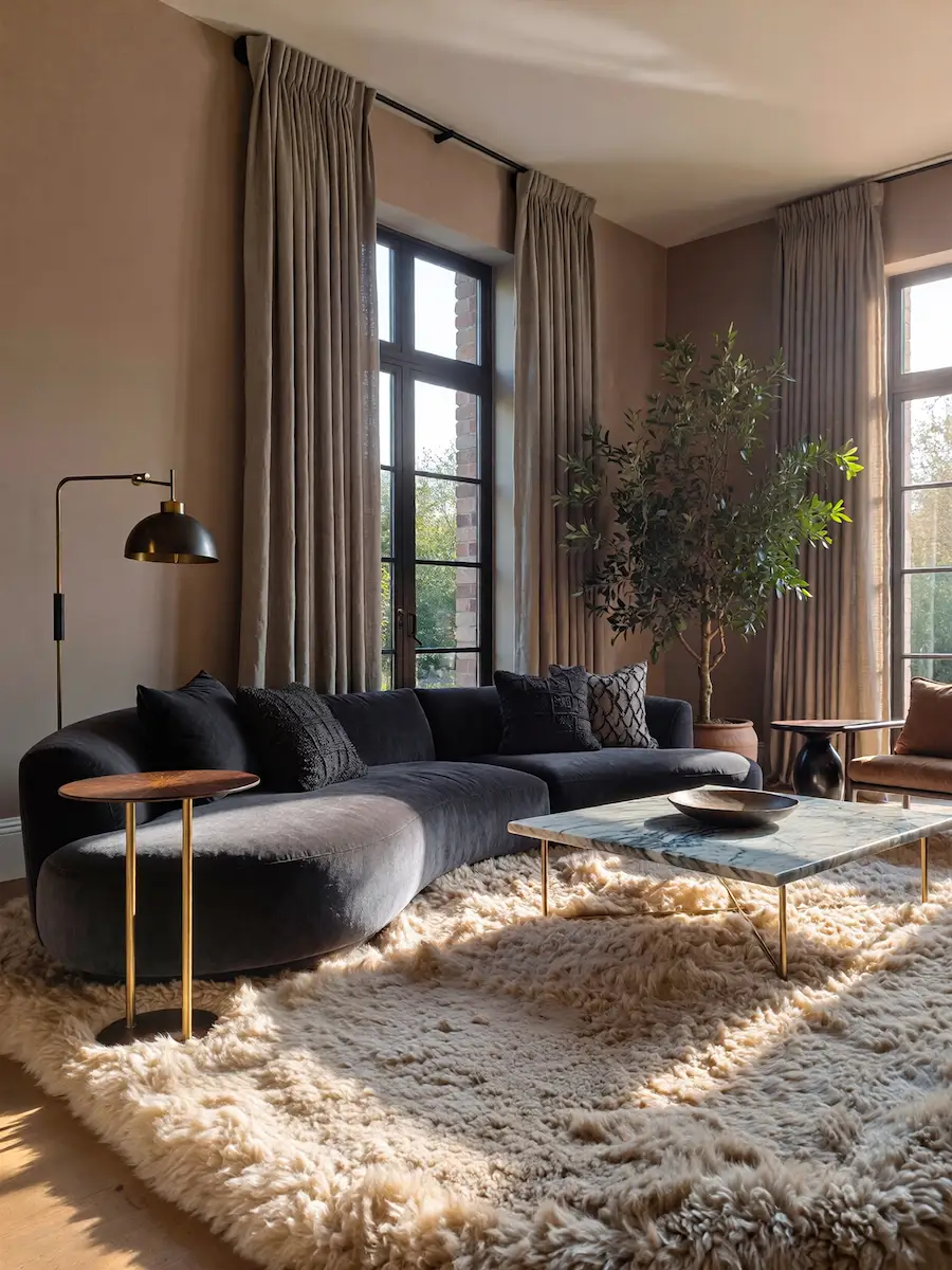 An affordable luxury living room showing the 60-30-10 color rule with warm neutrals and brass following affordable luxury interior design rules.
