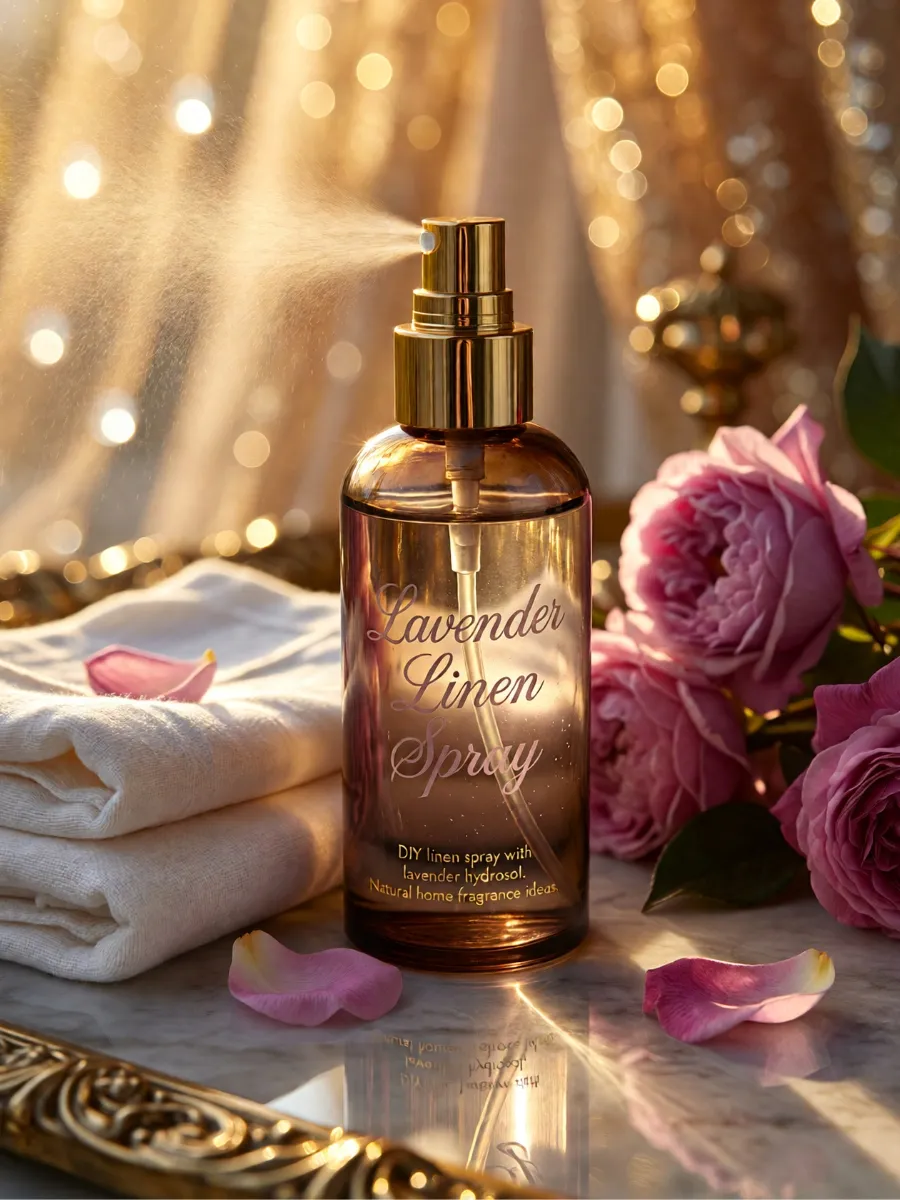 Amber glass lavender linen spray bottle spraying a fine mist, surrounded by pink roses and folded white towels on a marble surface with golden hour lighting.