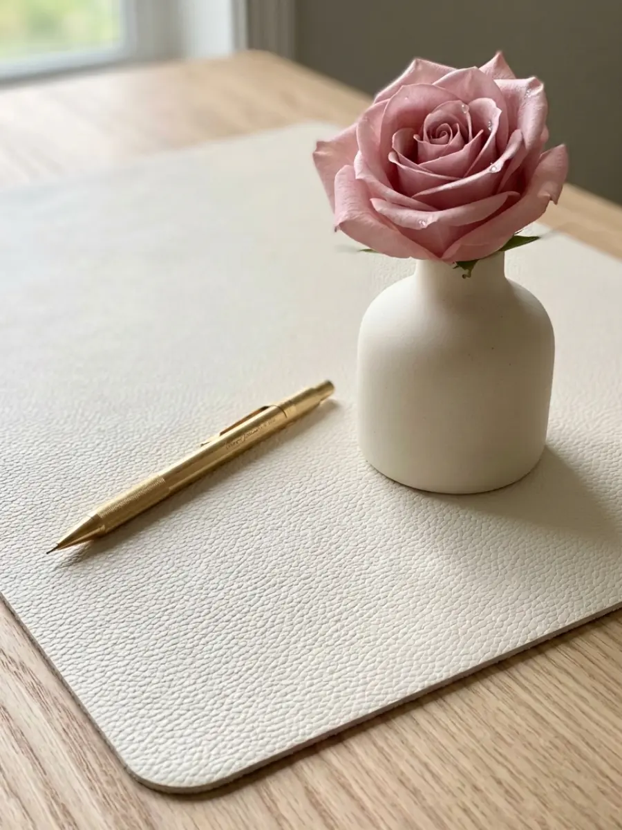 Minimalist creamy white pebbled leather desk mat with a brushed gold pen and a dusty pink rose in a white ceramic vase on an elegant natural wood desk, representing quiet luxury habits and professional etiquette.