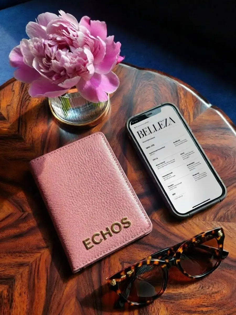 Flat lay of a pink textured leather passport holder with gold 'ECHOS' lettering, tortoise-shell sunglasses, and a blooming pink peony on a polished wood grain table, illustrating the 2026 quiet luxury lifestyle aesthetic.