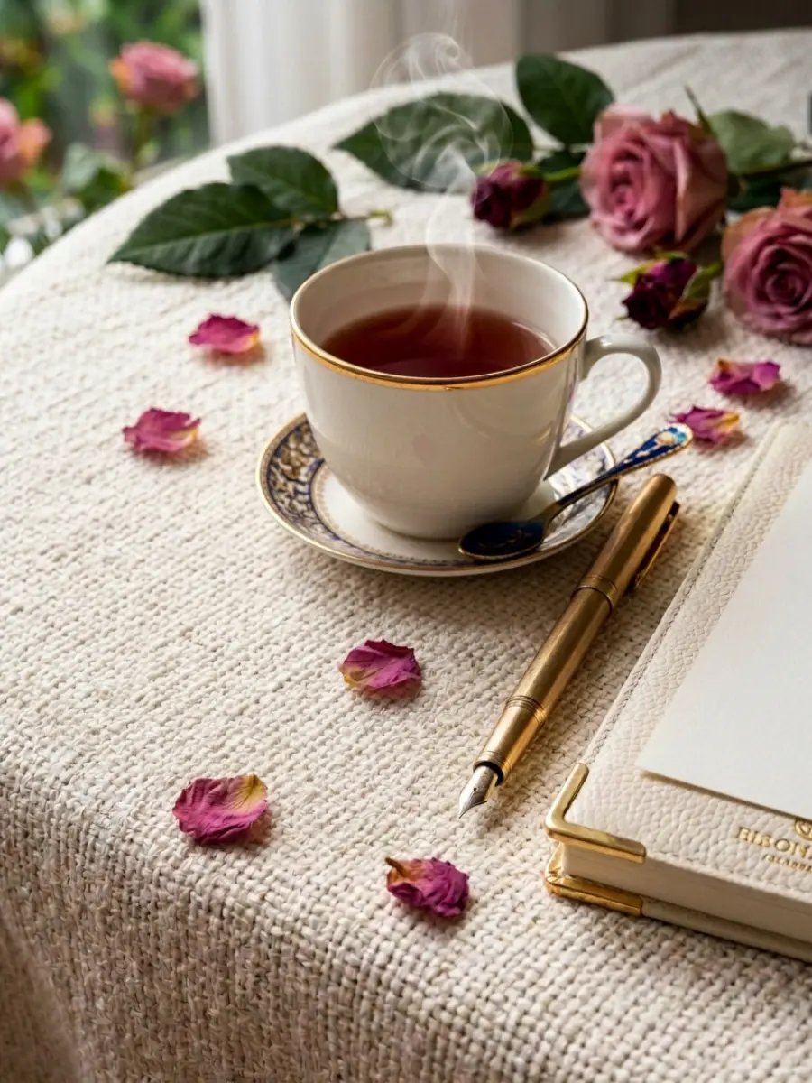 Minimalist white porcelain tea cup with gold rim and a brushed gold fountain pen on a heavy-weave creamy white linen tablecloth, representing quiet luxury habits and a sophisticated lifestyle.