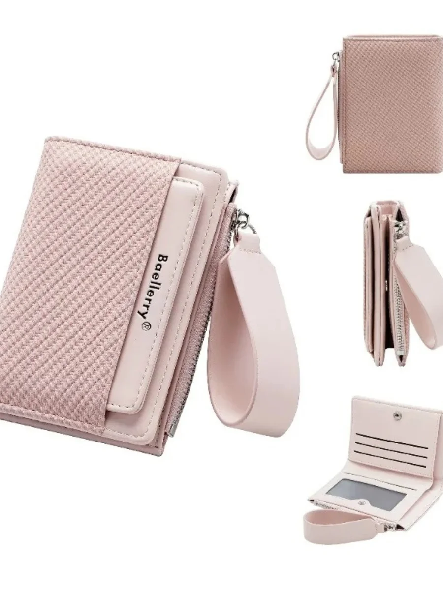 Dusty pink vegan leather card holder and minimalist wallet with gold zipper detail, an affordable luxury accessory for a sophisticated personal brand.