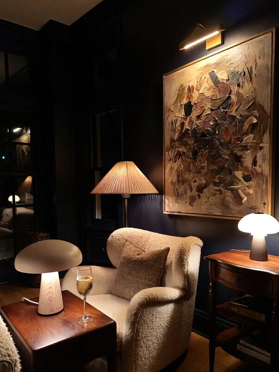 A cozy, low-light interior "mood shot" of a living room corner at night. The "big light" is off. A warm, golden glow emanates from three sources: a tall floor lamp with a pleated fabric shade, a small cordless mushroom lamp on a side table, and a dimmable picture light over a textured canvas. The focus is sharp on the "pools of light" hitting a bouclé armchair and a glass of champagne. Deep, soft shadows in the background. Colors: Warm Amber, Soft Cream, Deep Espresso. 8k resolution, moody atmosphere, rich grain, architectural photography style.