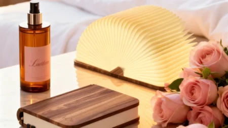 A warm, glowing wooden book lamp fan-opened on a bedside table next to pink roses and a bottle of room spray.