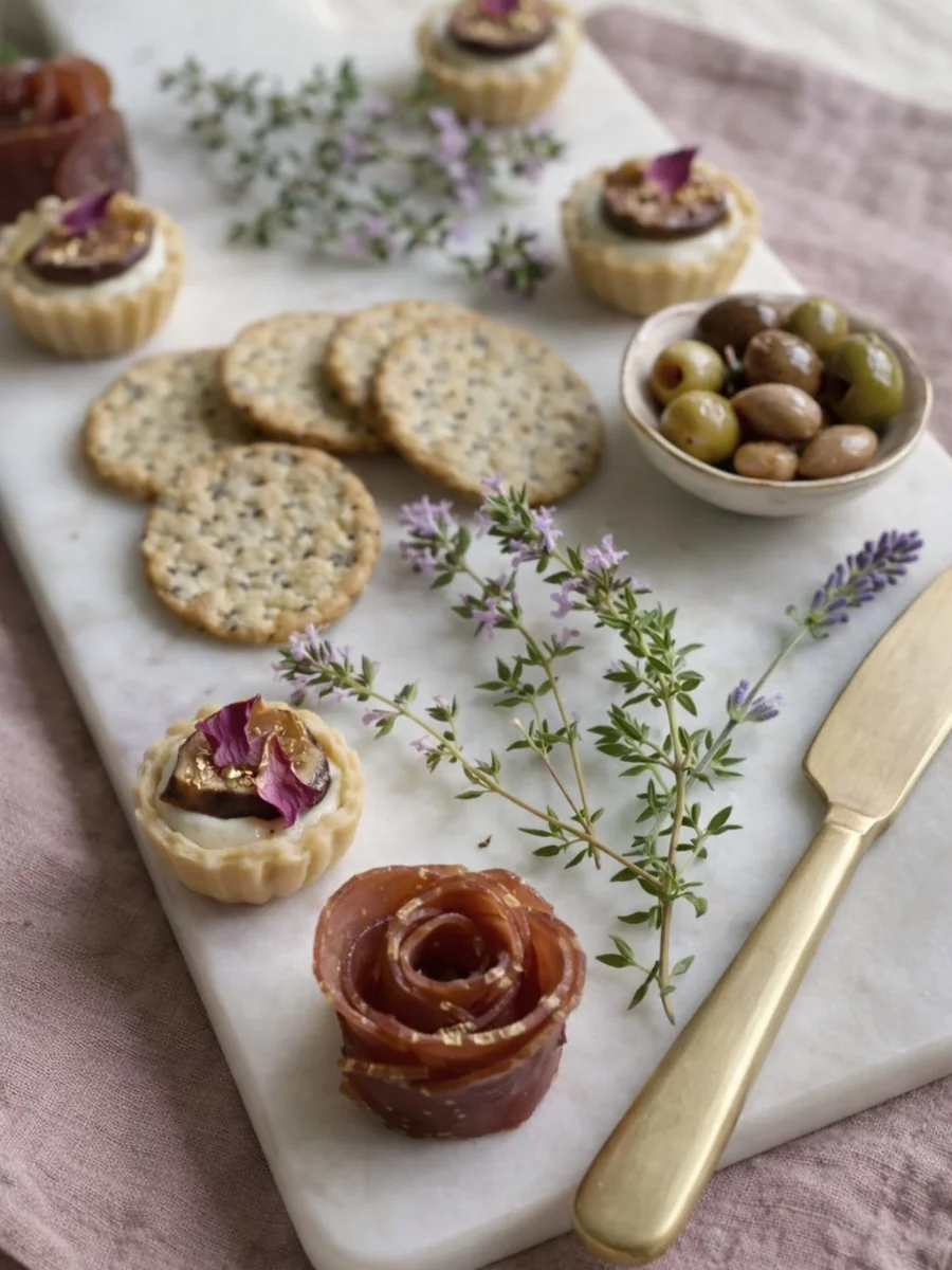 Close-up of a minimalist white marble serving board with prosciutto rosettes, artisanal crackers, and gold accents on a dusty pink linen background, representing sophisticated hosting and modern etiquette.