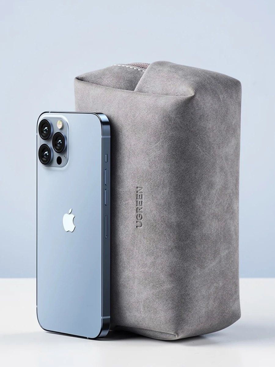 UGREEN grey genuine leather tech organizer and storage bag for iPhone and accessories, an affordable luxury tool for a sophisticated personal brand.