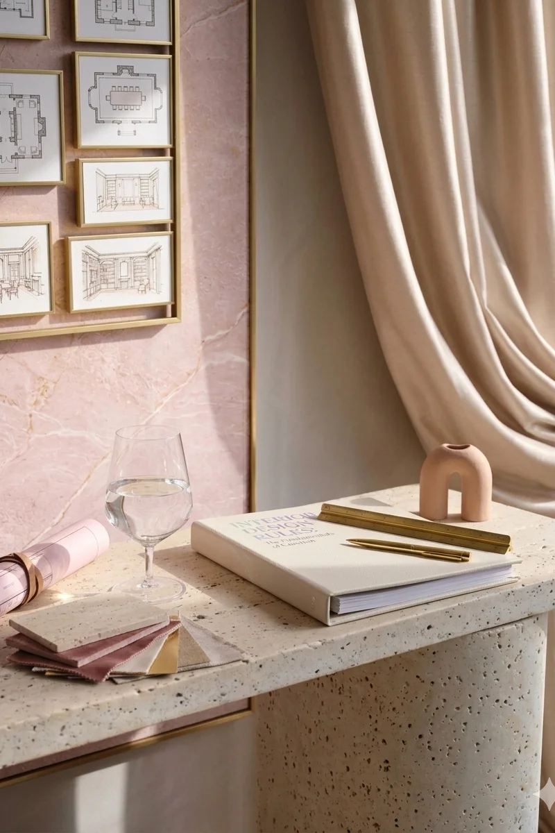nterior design workspace featuring luxury silk curtains, a travertine stone table, and a book on interior design rules.