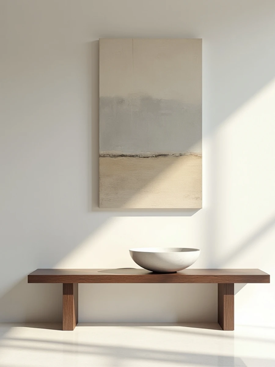 Minimalist hallway with large art and negative space following affordable luxury interior design rules.