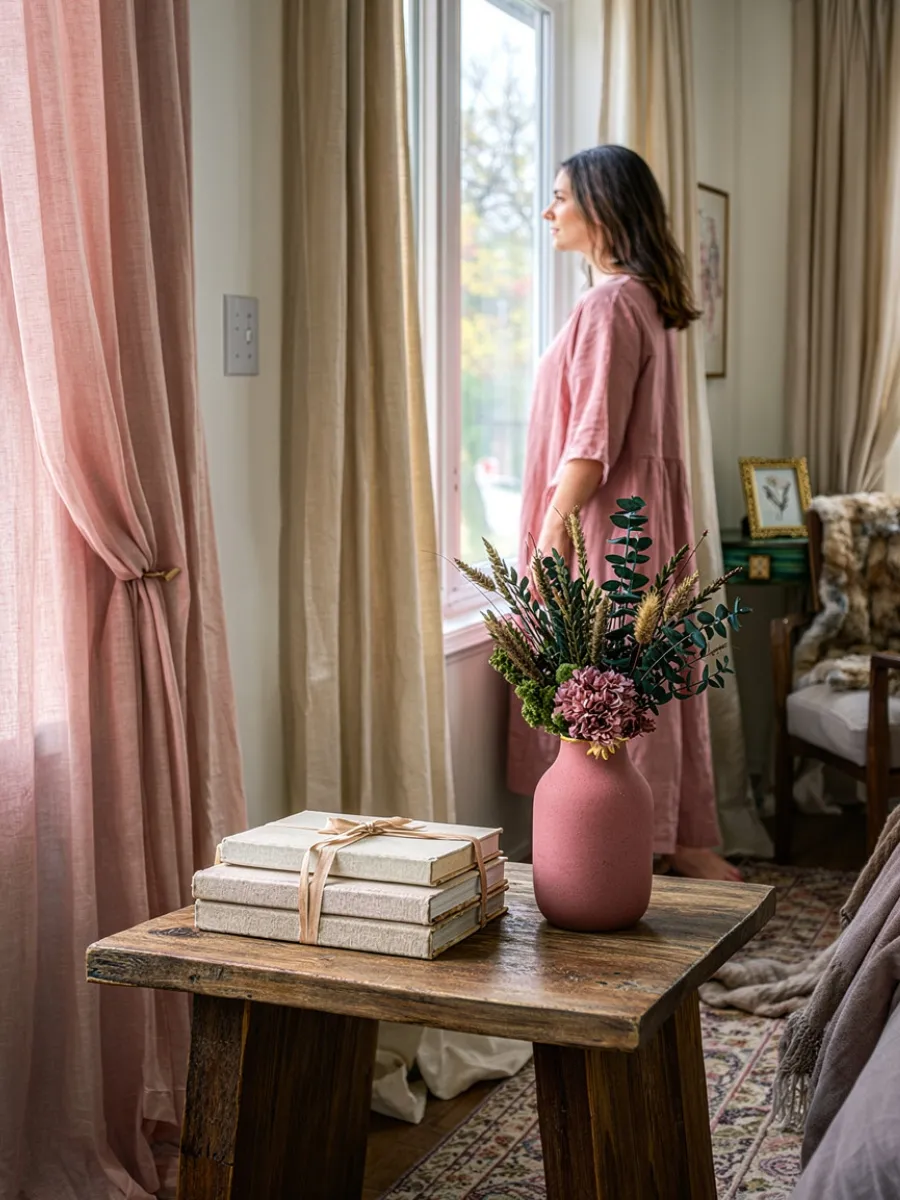 woman in a dusty pink robe by a window with creamy linen curtains and a rustic wood table, representing quiet luxury habits and a sophisticated lifestyle.