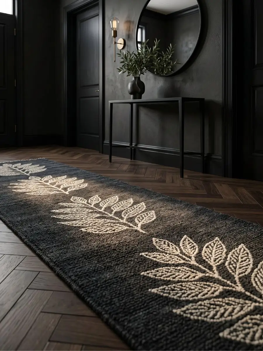 A sophisticated entryway featuring a dark botanical runner rug on elegant herringbone hardwood floors.